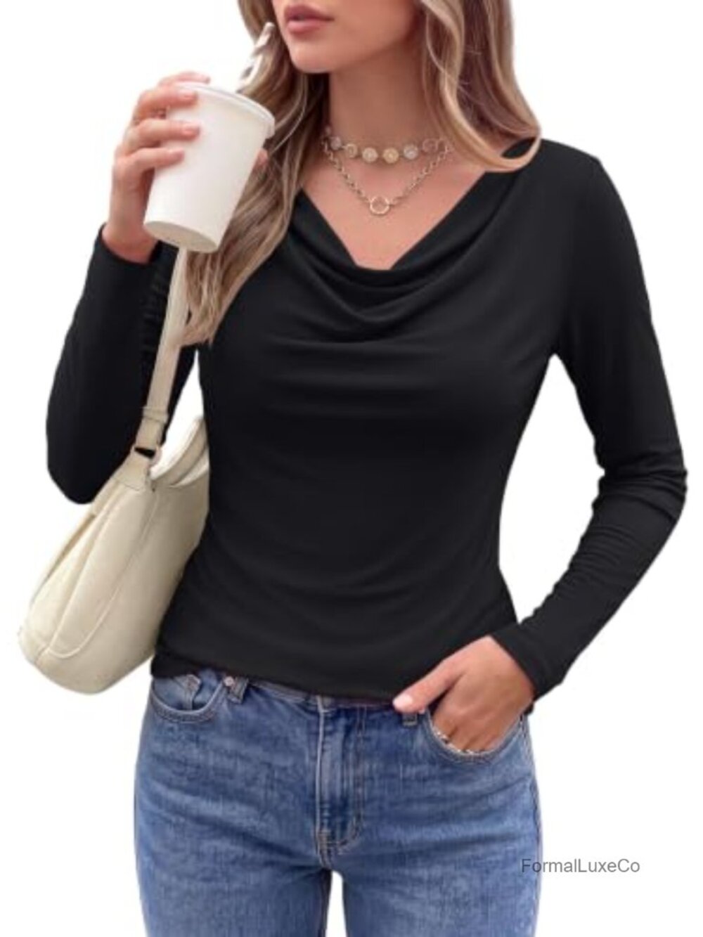 Cowl Neck Long Sleeve Knit Top Ruched Pullover Casual Fall Shirt